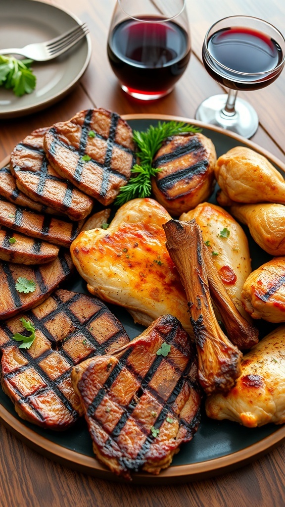Carnivore Feast for Two A platter of grilled ribeye steaks, pork chops, and chicken thighs garnished with herbs on a rustic table.